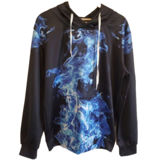 Black Blue Flame Large Hoodie‎ Hooded Sweatshirt Kangaroo Pocket - Picture 1 of 7